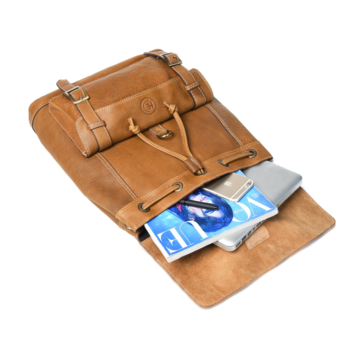 Draw String Leather Backpack - Brown