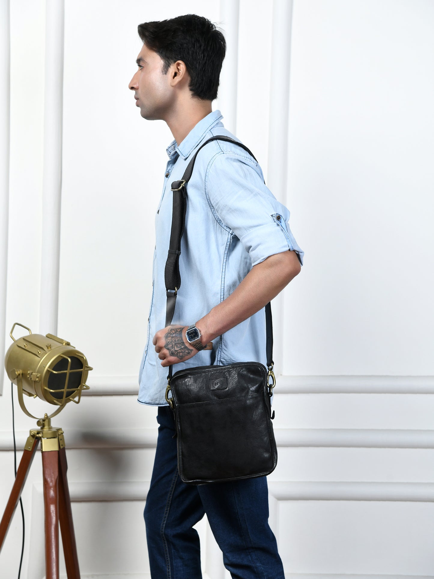 Leather Square Crossbody Bag - Black