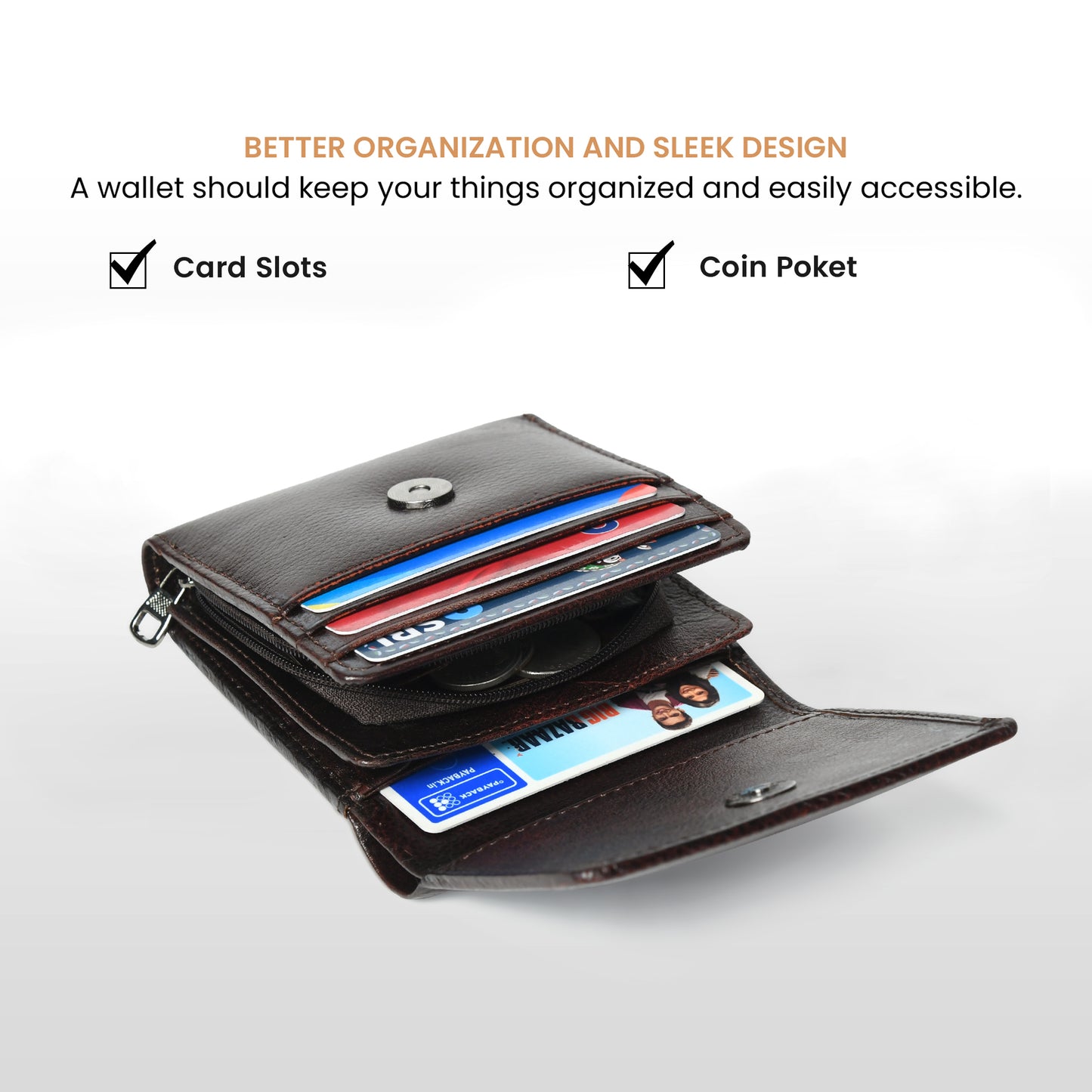 Minimalist Leather Wallet with Coin Pocket - Dark Brown