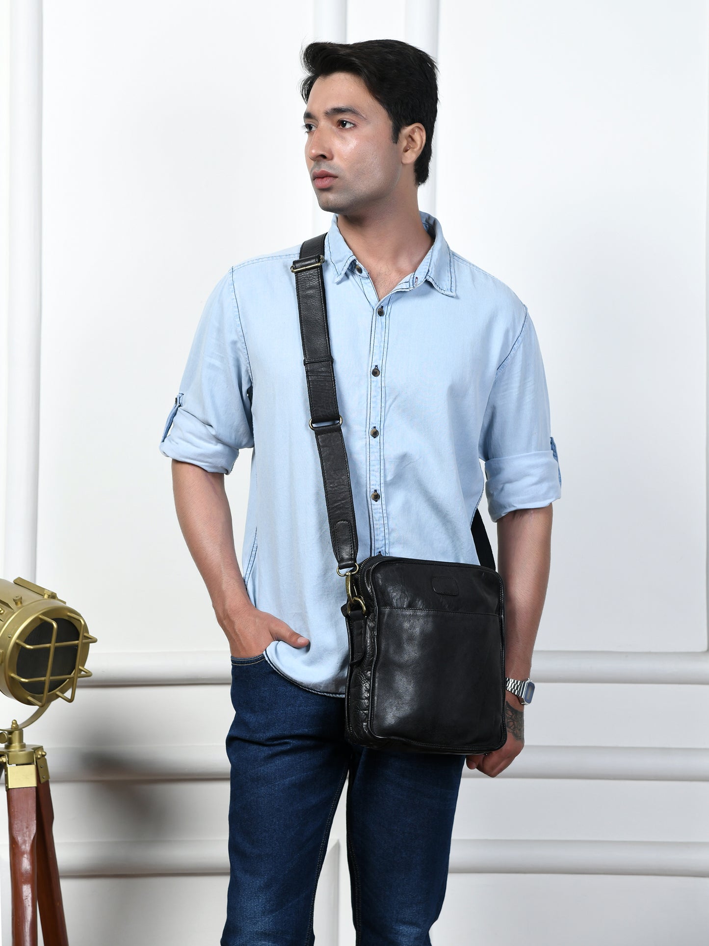 Leather Square Crossbody Bag - Black