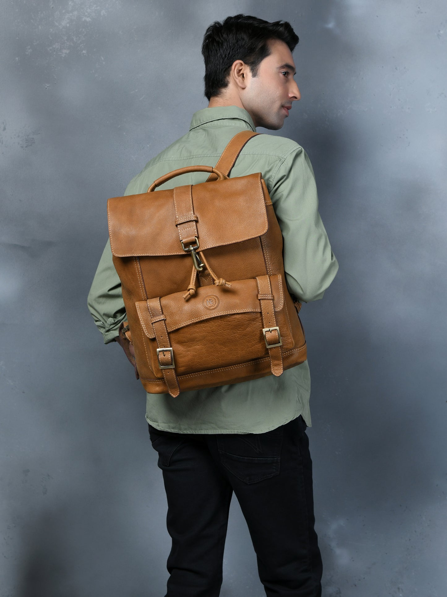 Draw String Leather Backpack - Brown