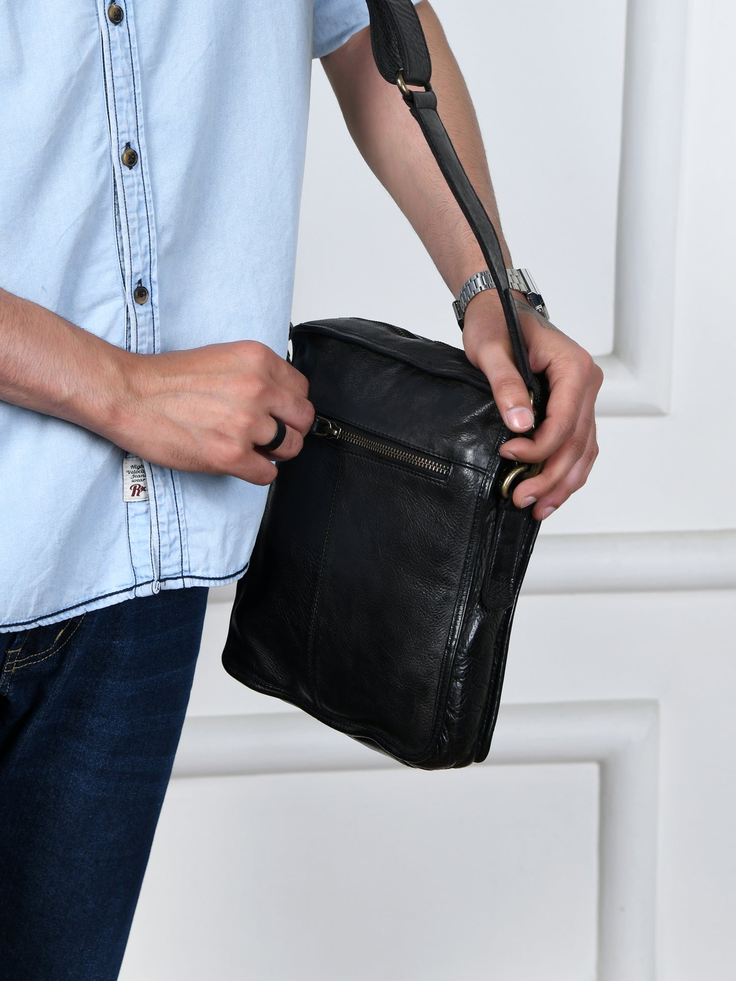 Leather Square Crossbody Bag - Black