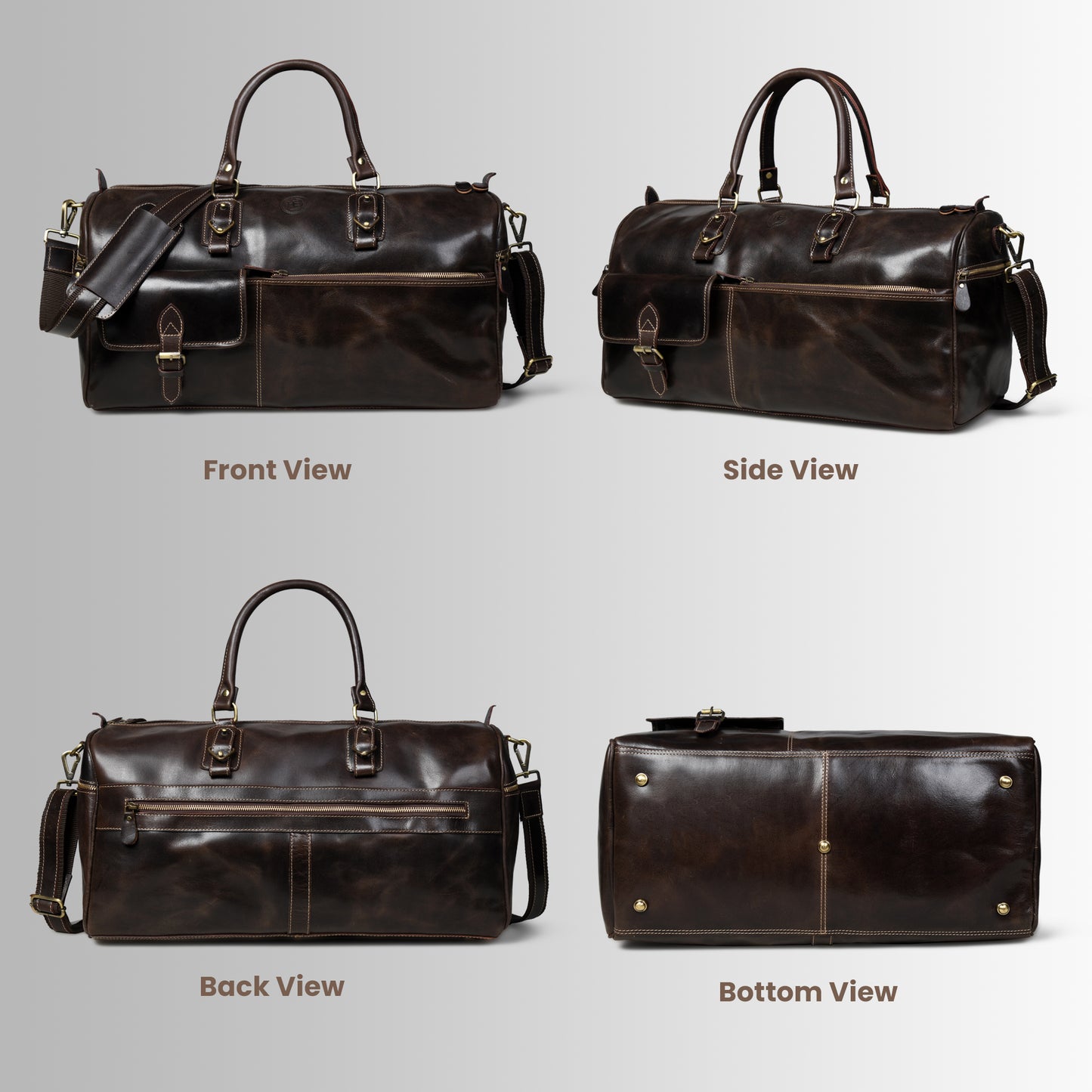 Classic Leather Travel Duffle – Top-Zip Design - Dark Brown