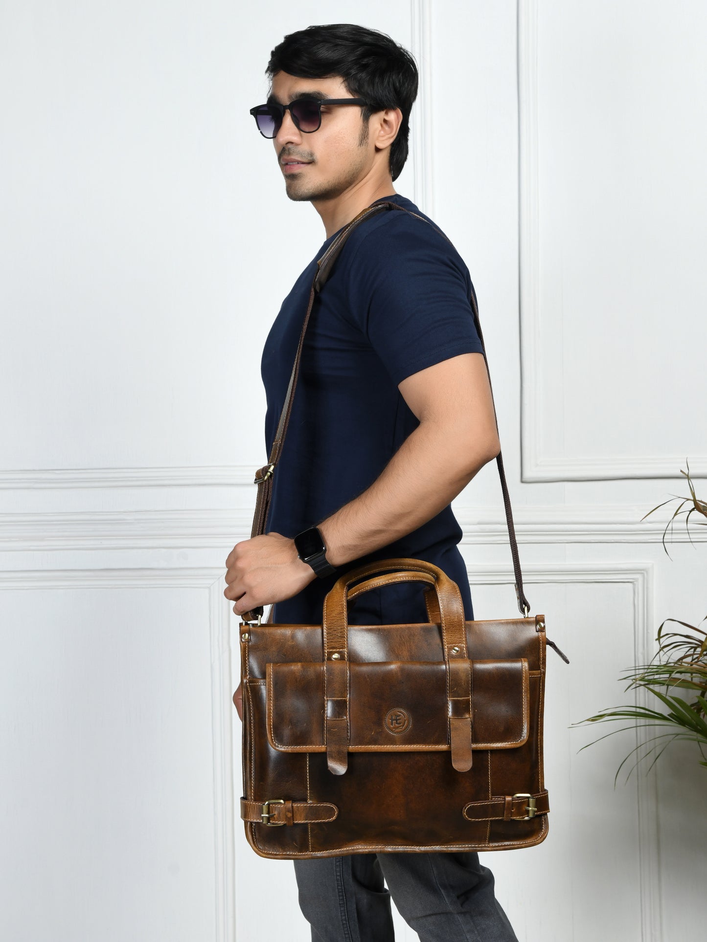 Vintage Belt-Lock Laptop Satchel - Brown