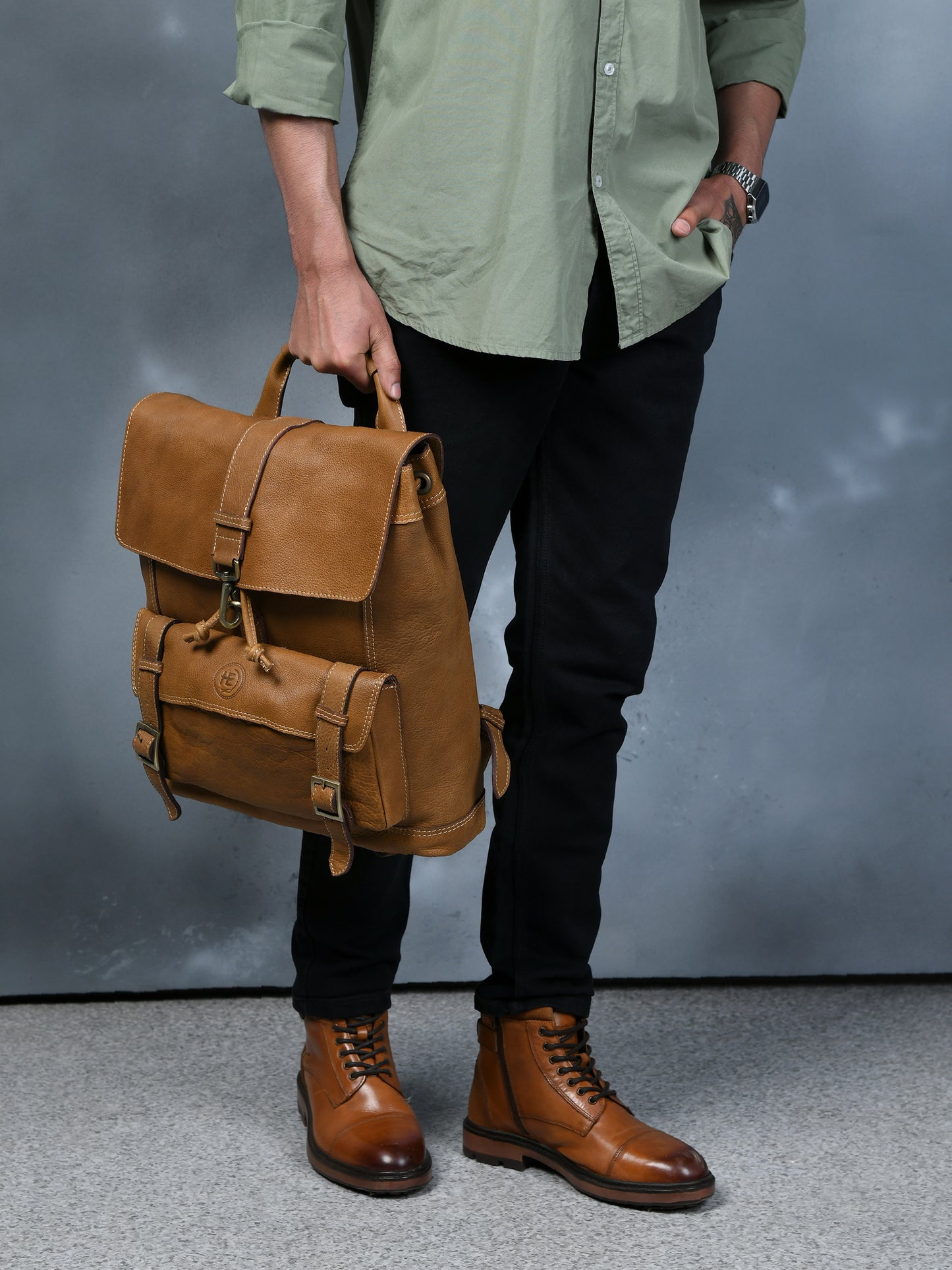 Draw String Leather Backpack - Brown