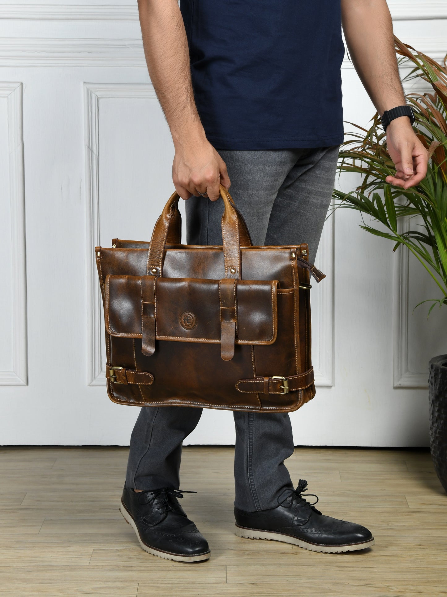 Vintage Belt-Lock Laptop Satchel - Brown