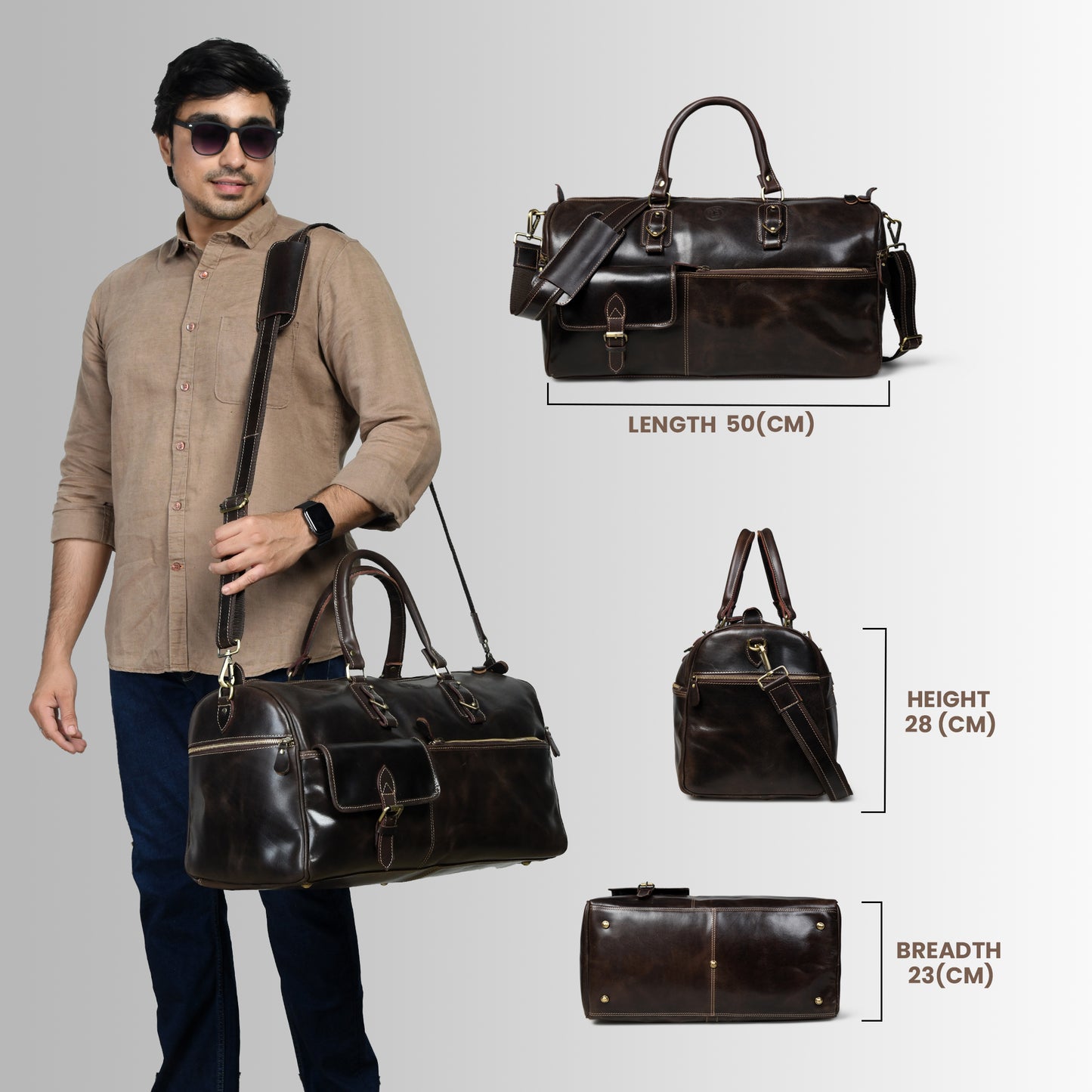Classic Leather Travel Duffle – Top-Zip Design - Dark Brown