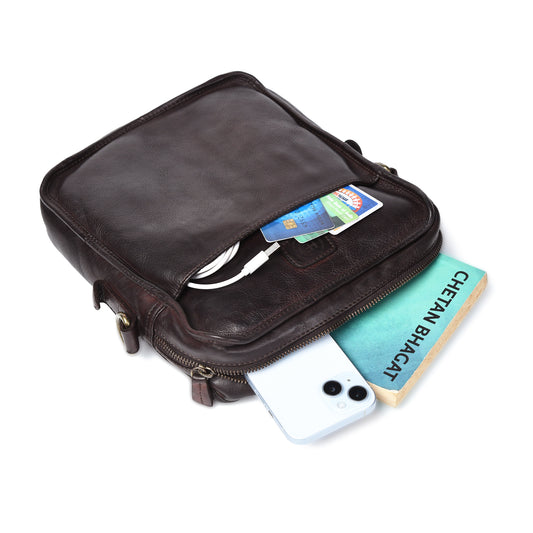 Dark Brown Leather Bag - exterior pocket with phone and cards, handcrafted buffalo leather | Hema Emporium
