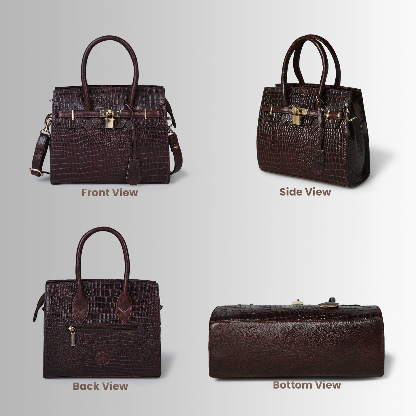 brown Leather Bag - front, side, back, and bottom views, handcrafted buffalo leather | Hema Emporium