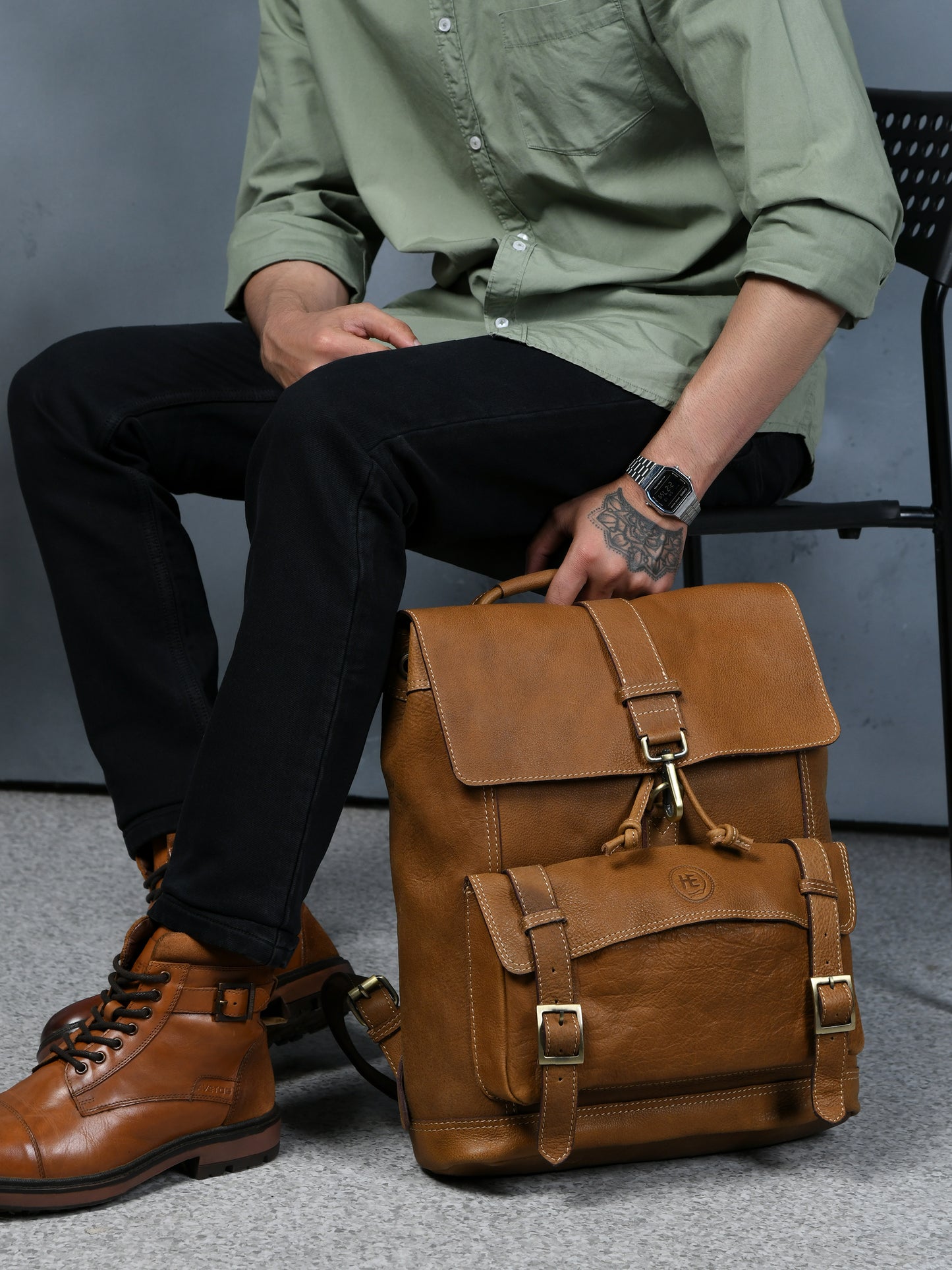 Draw String Leather Backpack - Brown