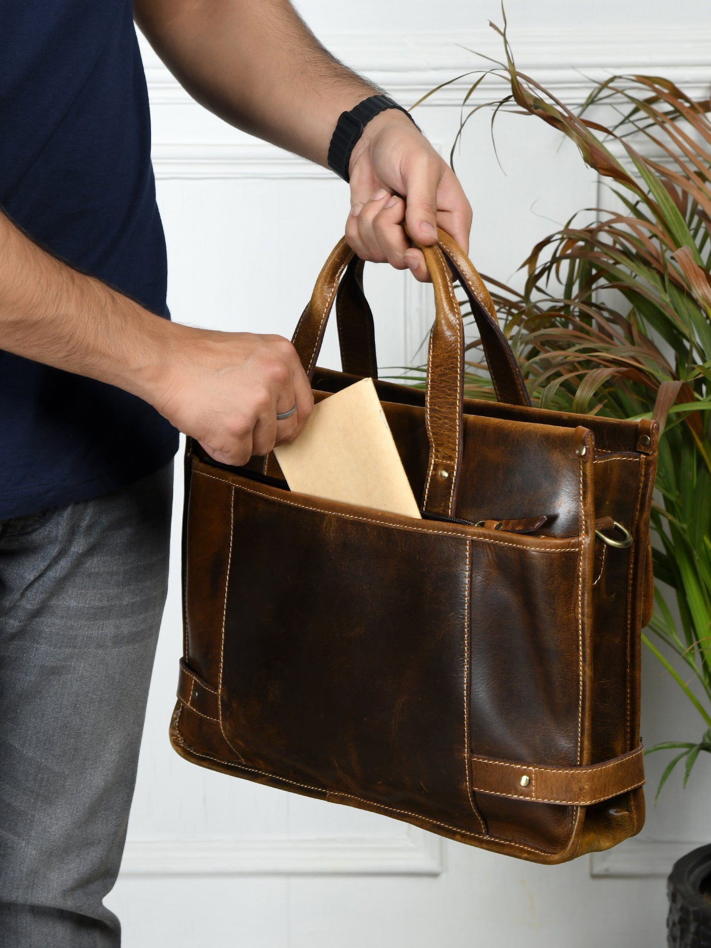 Vintage Belt-Lock Laptop Satchel - Brown