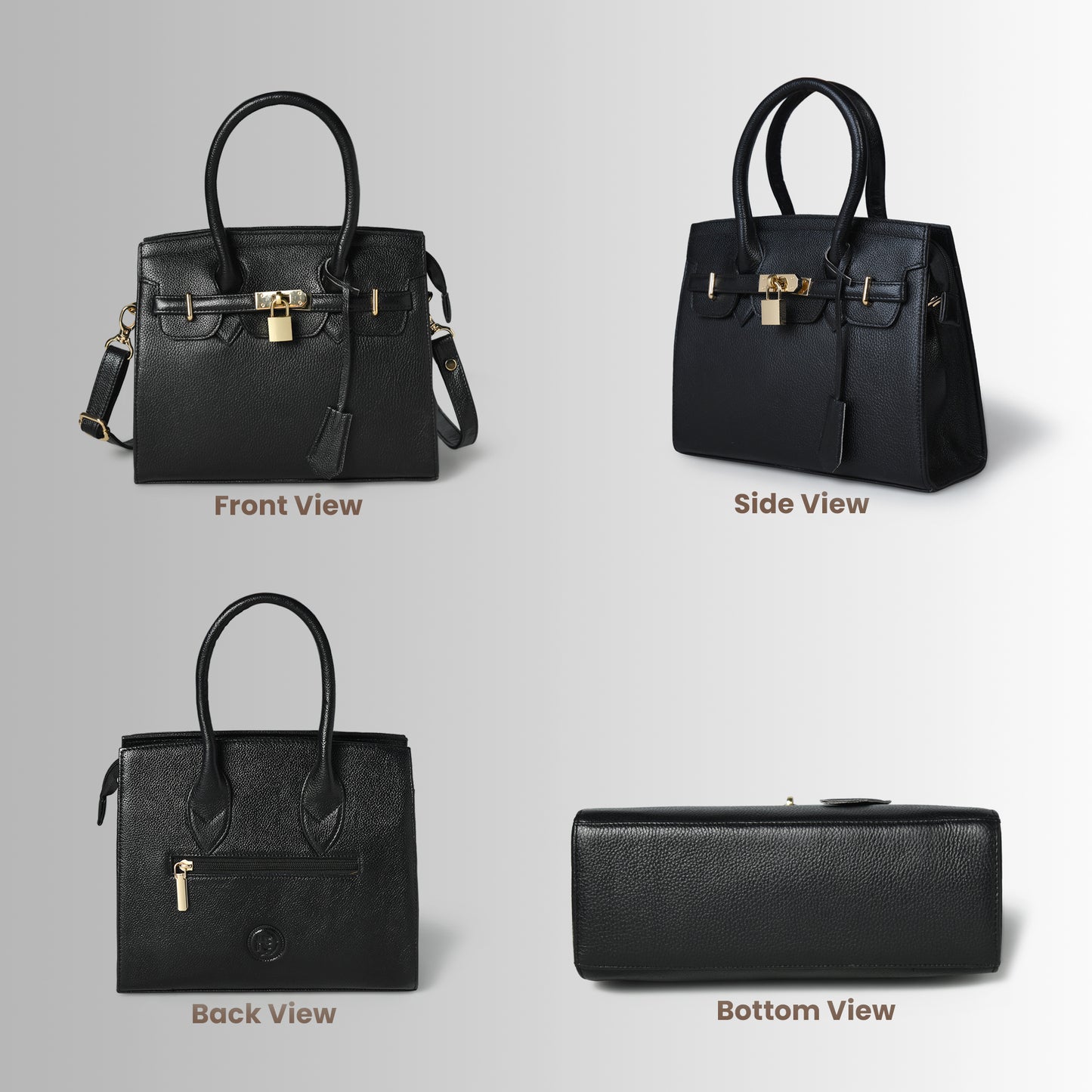 Black leather bag - front, side, back, and bottom views, handcrafted buffalo leather | Hema Emporium