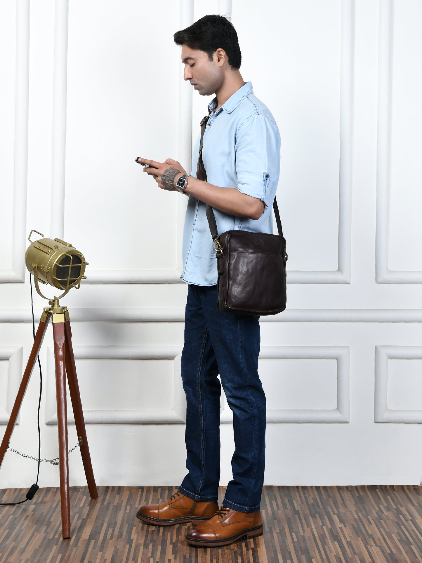 Leather Square Crossbody Bag - Dark Brown