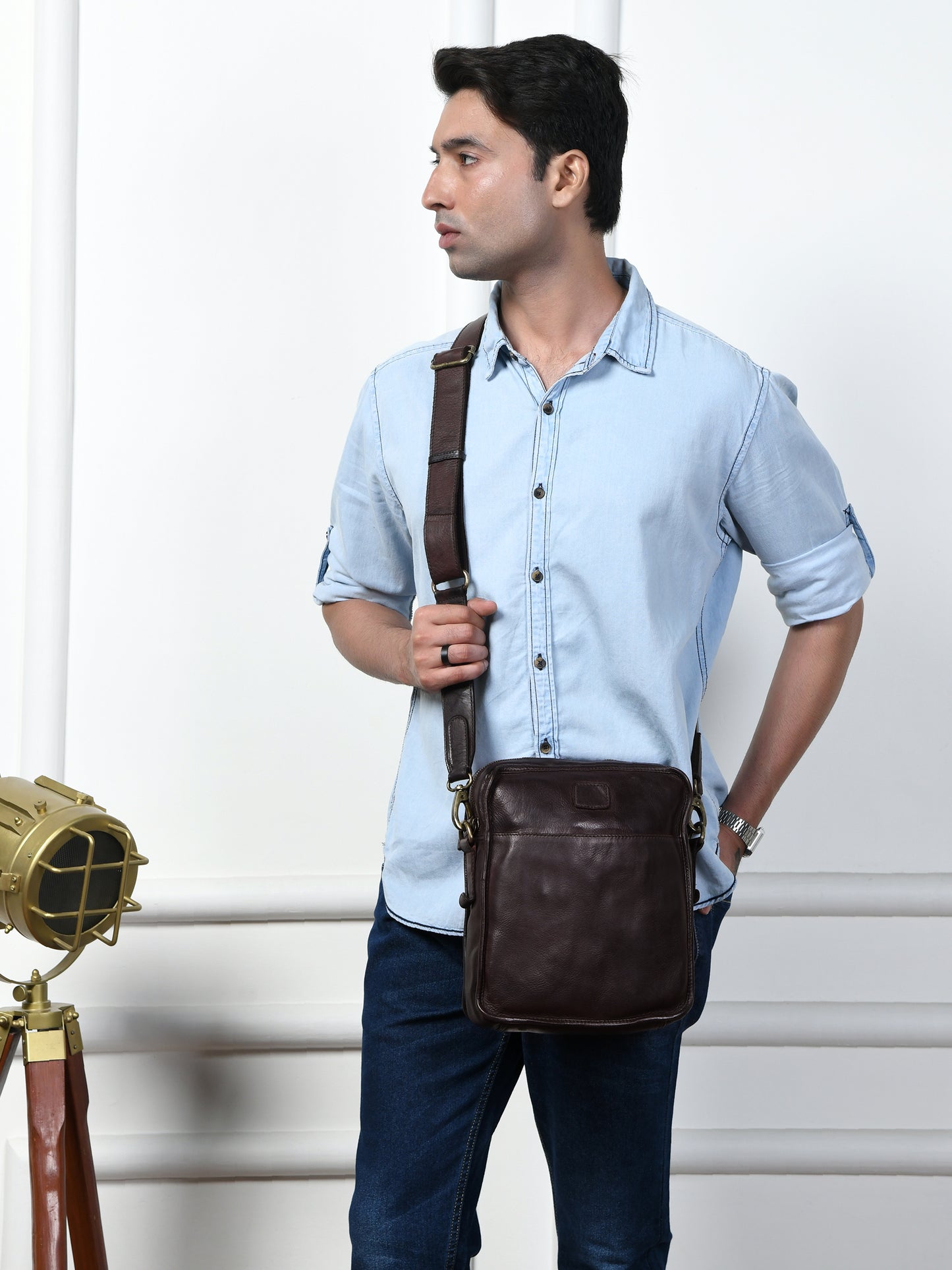 Leather Square Crossbody Bag - Dark Brown