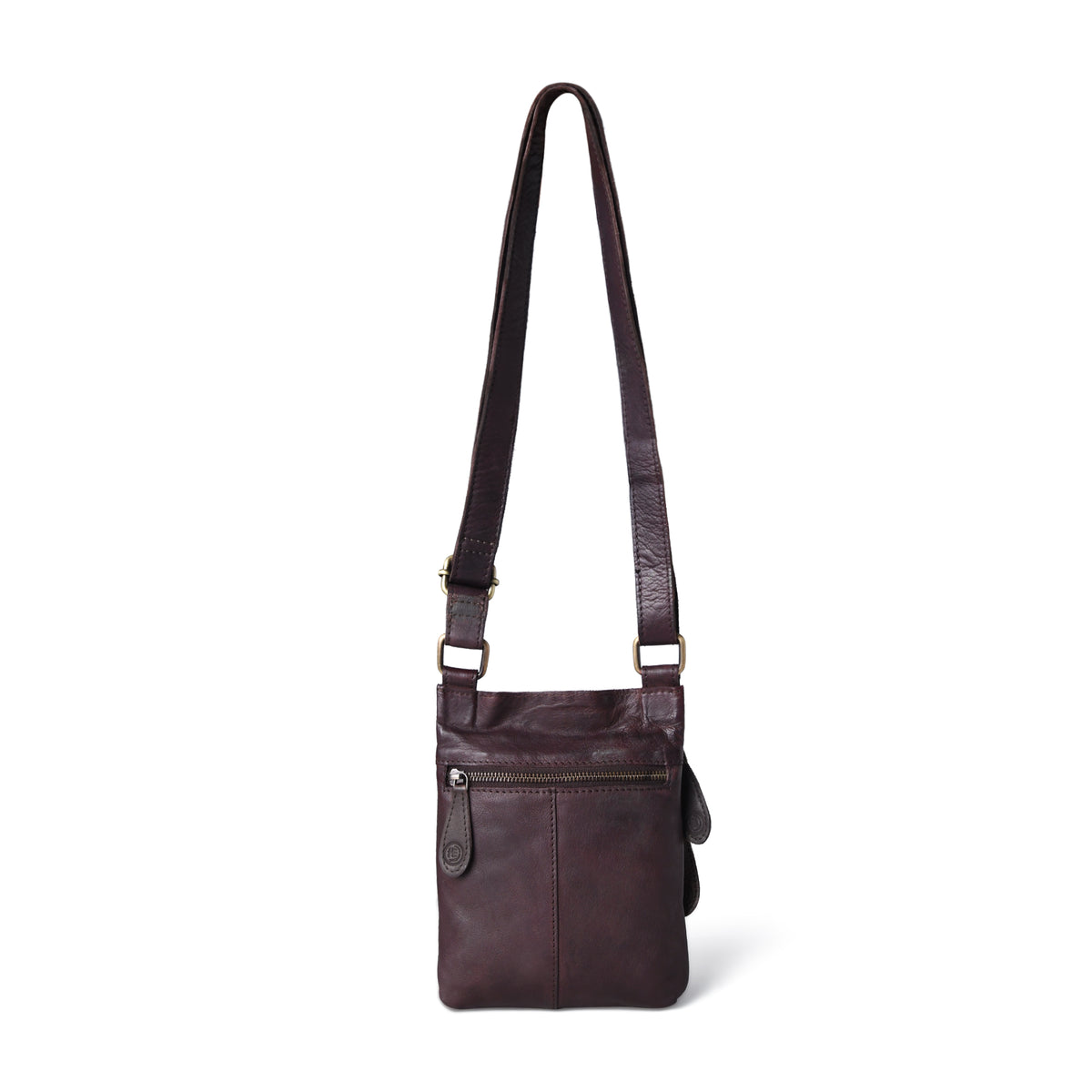 Dark brown leather bag - front view with strap, handcrafted buffalo leather | Hema Emporium