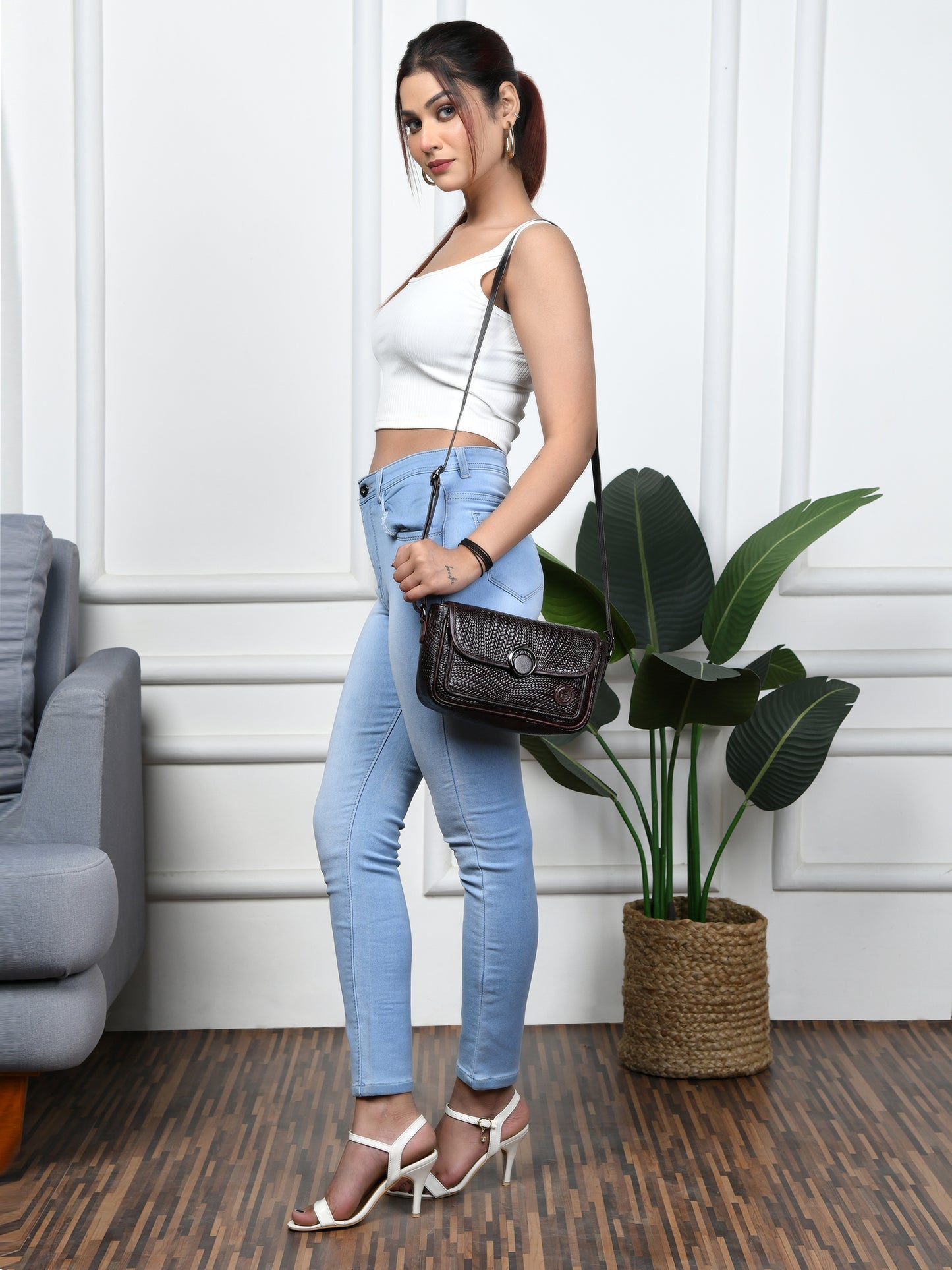 Leather Pouch | zig zag pattern Sling bag - Dark Brown