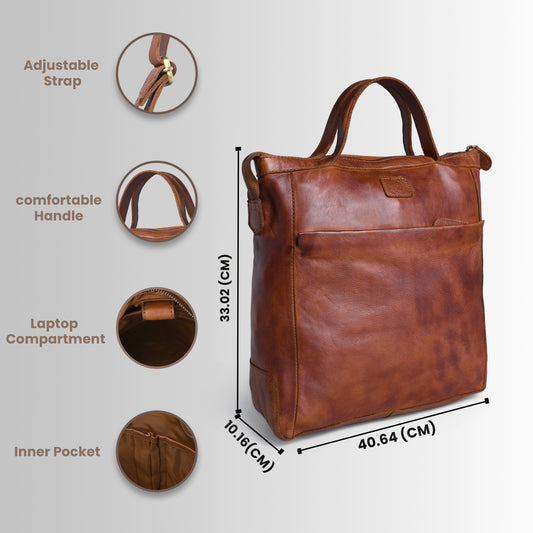 A brown leather tote bag shown on a light gray background with feature callouts and dimensions. The image includes circular insets highlighting an adjustable strap, a comfortable handle, a laptop compartment, and an inner pocket, with measurements labeled in centimeters.