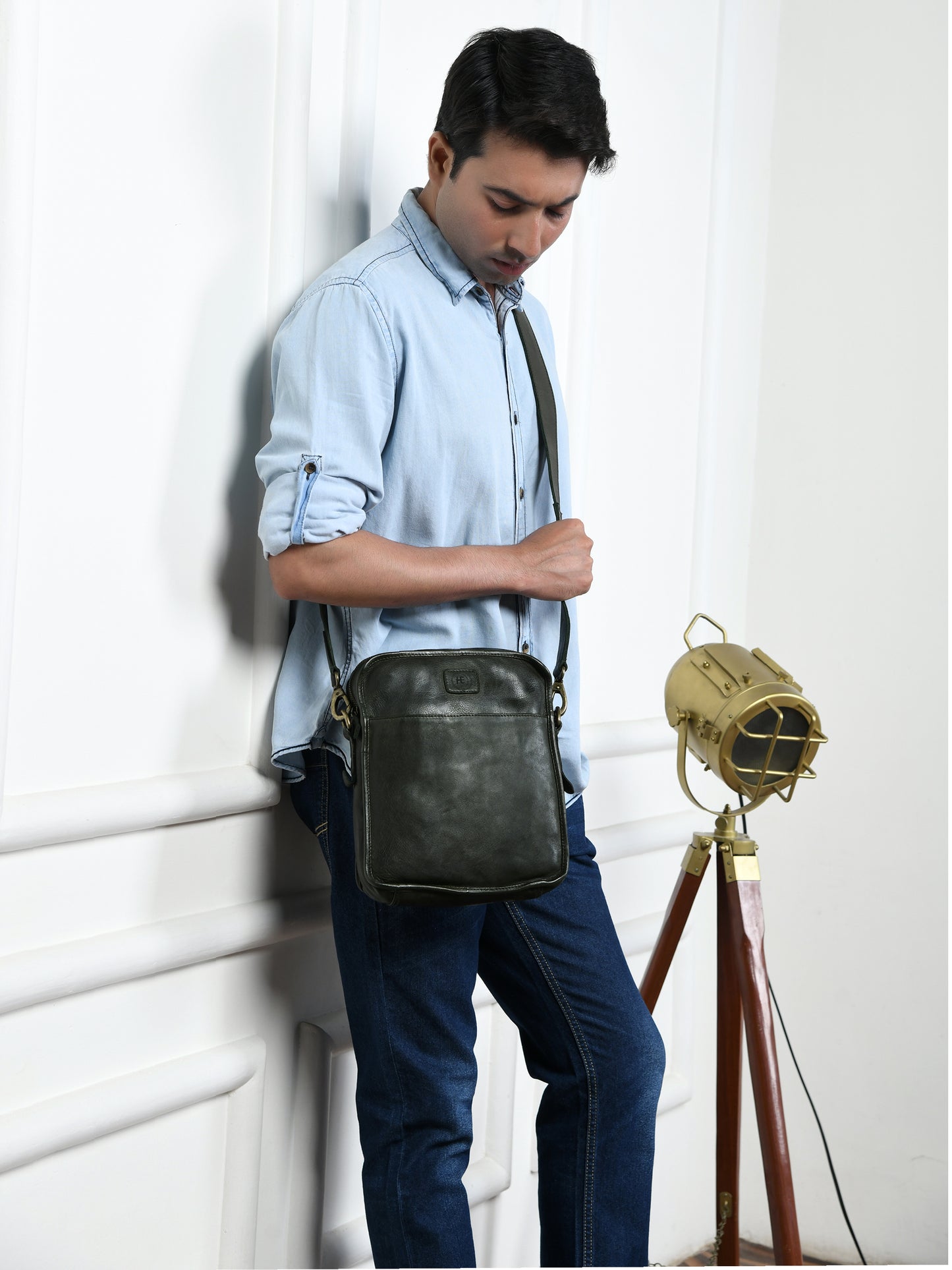 Leather Square Crossbody Bag - Olive Green