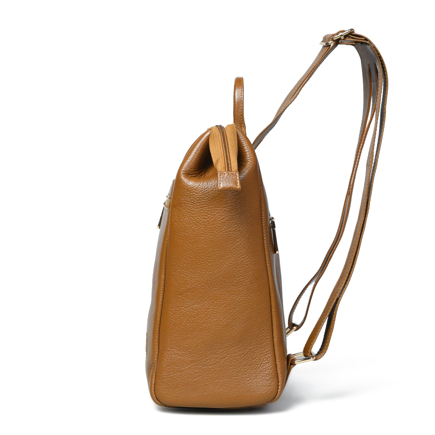 Gold pebbled leather backpack shown from a side profile view, featuring a top handle and a long adjustable shoulder strap, set against a plain white background.