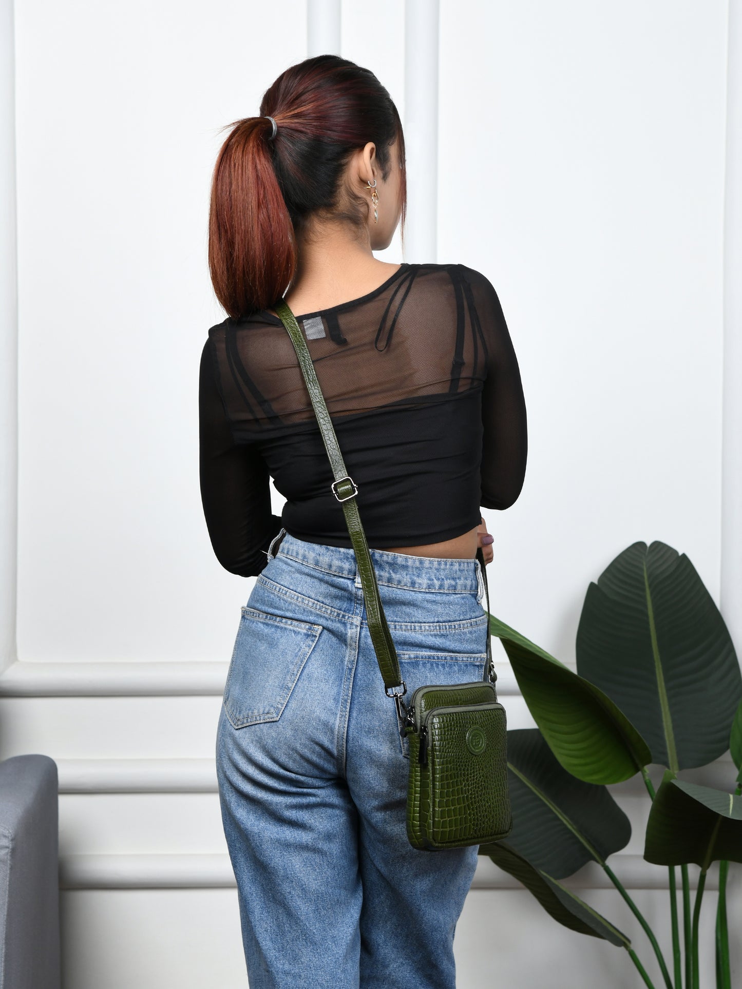 Croc Emposed Sling Bag - Olive Green