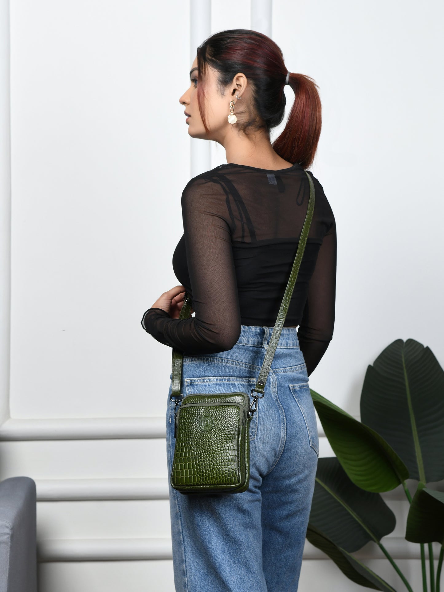 Croc Emposed Sling Bag - Olive Green