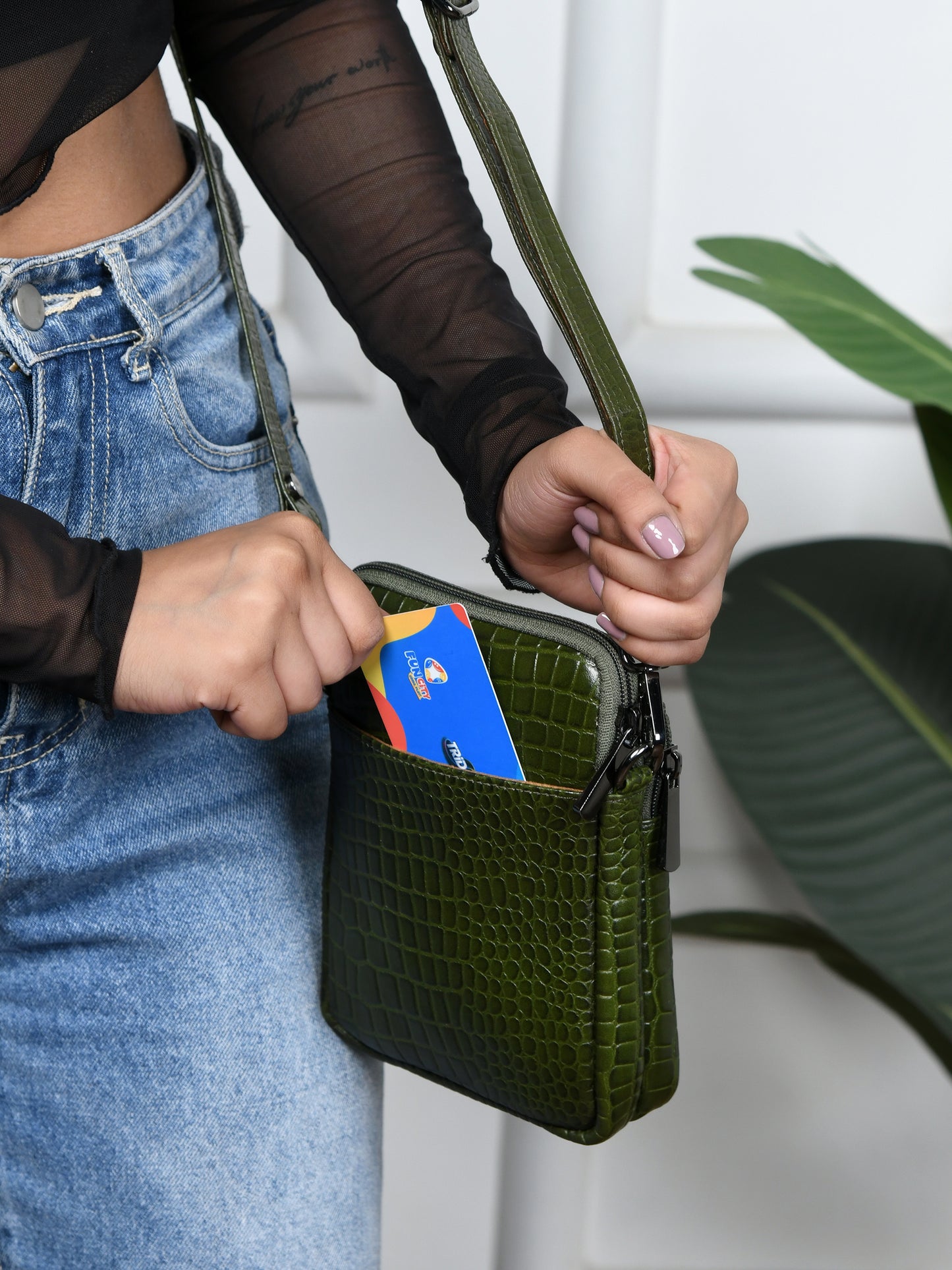 Croc Emposed Sling Bag - Olive Green