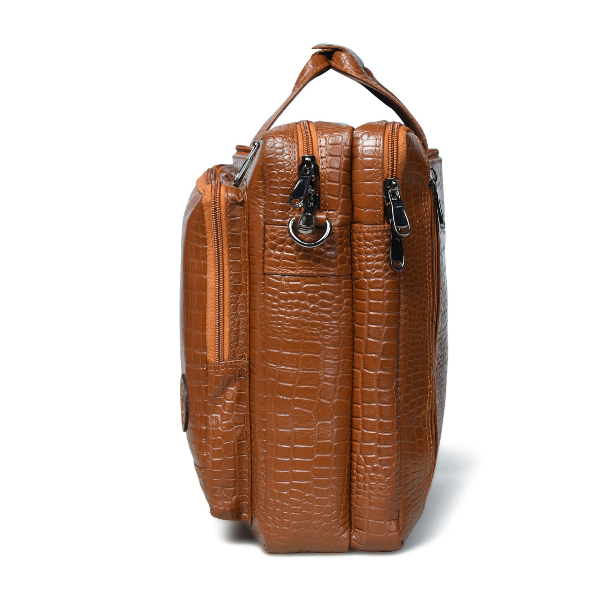 Tan brown leather bag - side view showing zippers and hardware, handcrafted buffalo leather | Hema Emporium