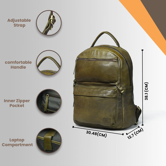 Olive green leather bag - dimensions and feature callouts, handcrafted buffalo leather | Hema Emporium