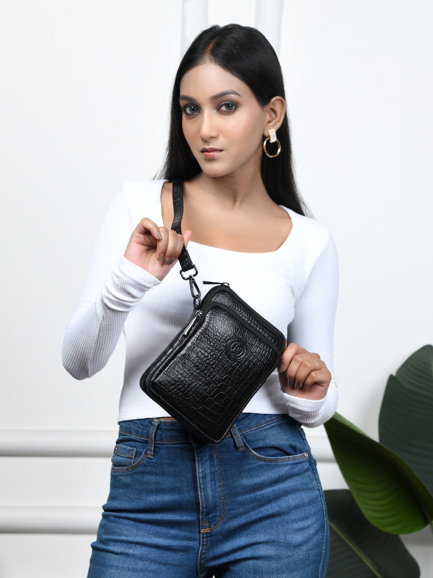 Croc Emposed Sling Bag - Black