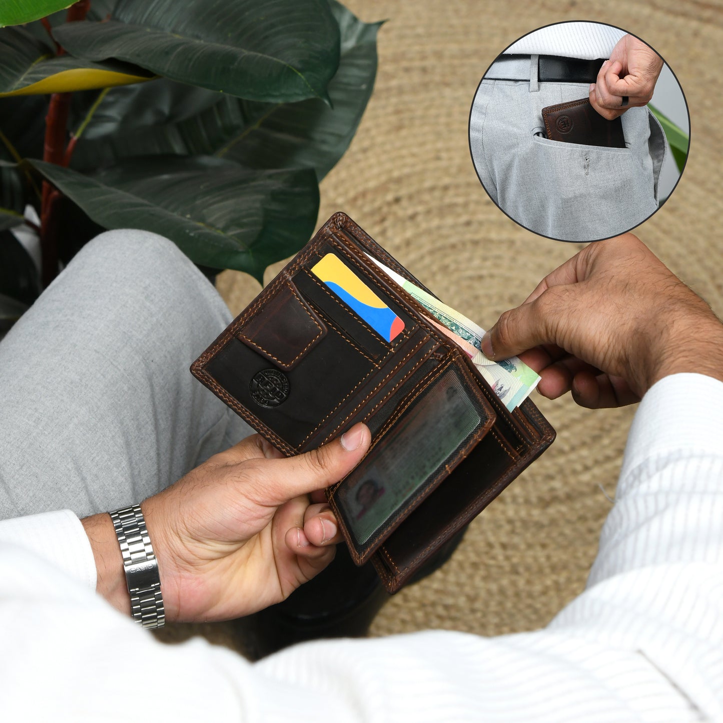 Vintage Dark Brown Trifold ID Wallet