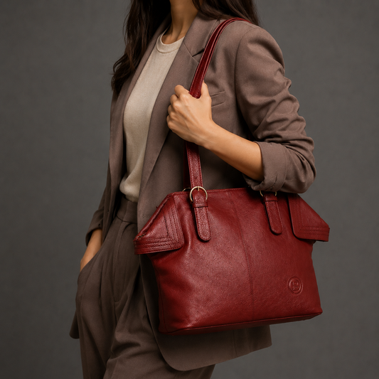 Burgundy Leather Tote Bag - worn lifestyle shot, handcrafted buffalo leather | Hema Emporium