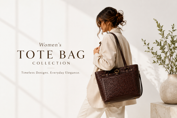 Leather tote bags for women - woven leather shopper bags hand-stitched in Goa - Hema Emporium
