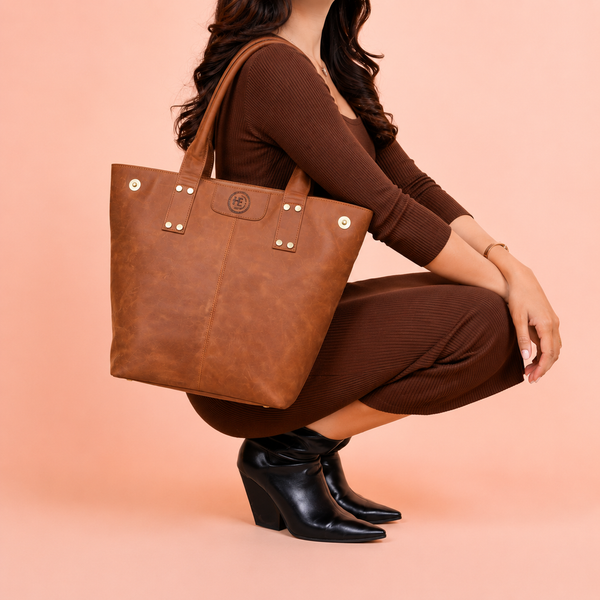 Tan Leather Tote Bag - worn lifestyle shot, handcrafted buffalo leather | Hema Emporium