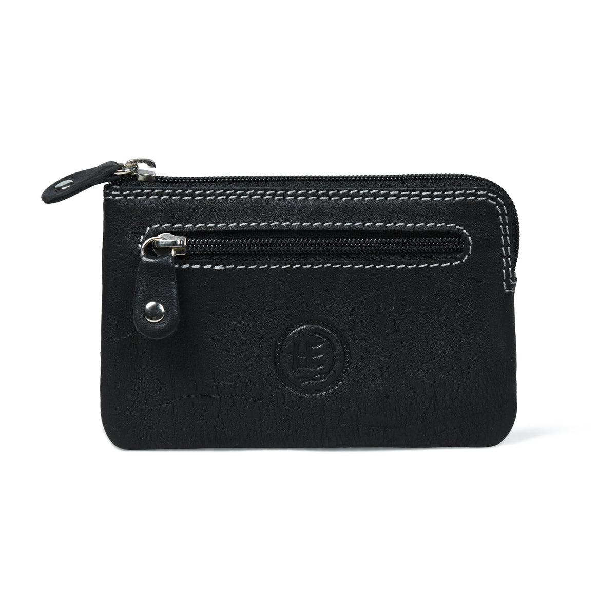 Black leather bag - front view with zip pocket, handcrafted buffalo leather | Hema Emporium