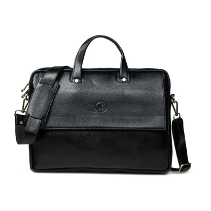 Flap Pocket Leather Office Bag - Black
