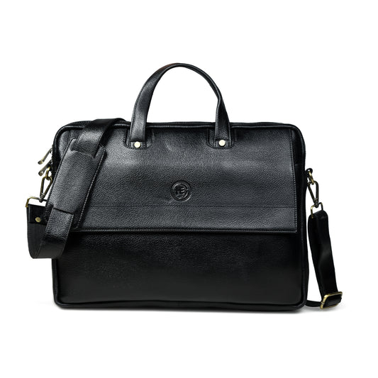 Flap Pocket Leather Office Bag - Black
