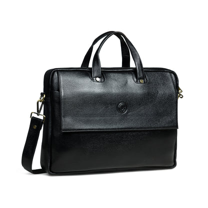 Flap Pocket Leather Office Bag - Black