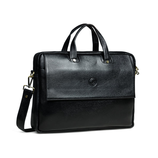 Flap Pocket Leather Office Bag - Black