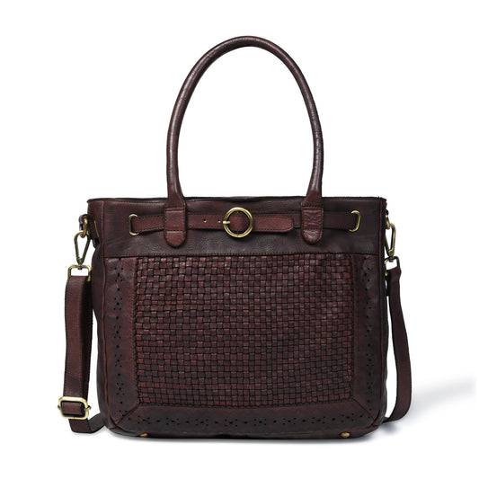 Woven Leather Tote Bag - Dark Brown