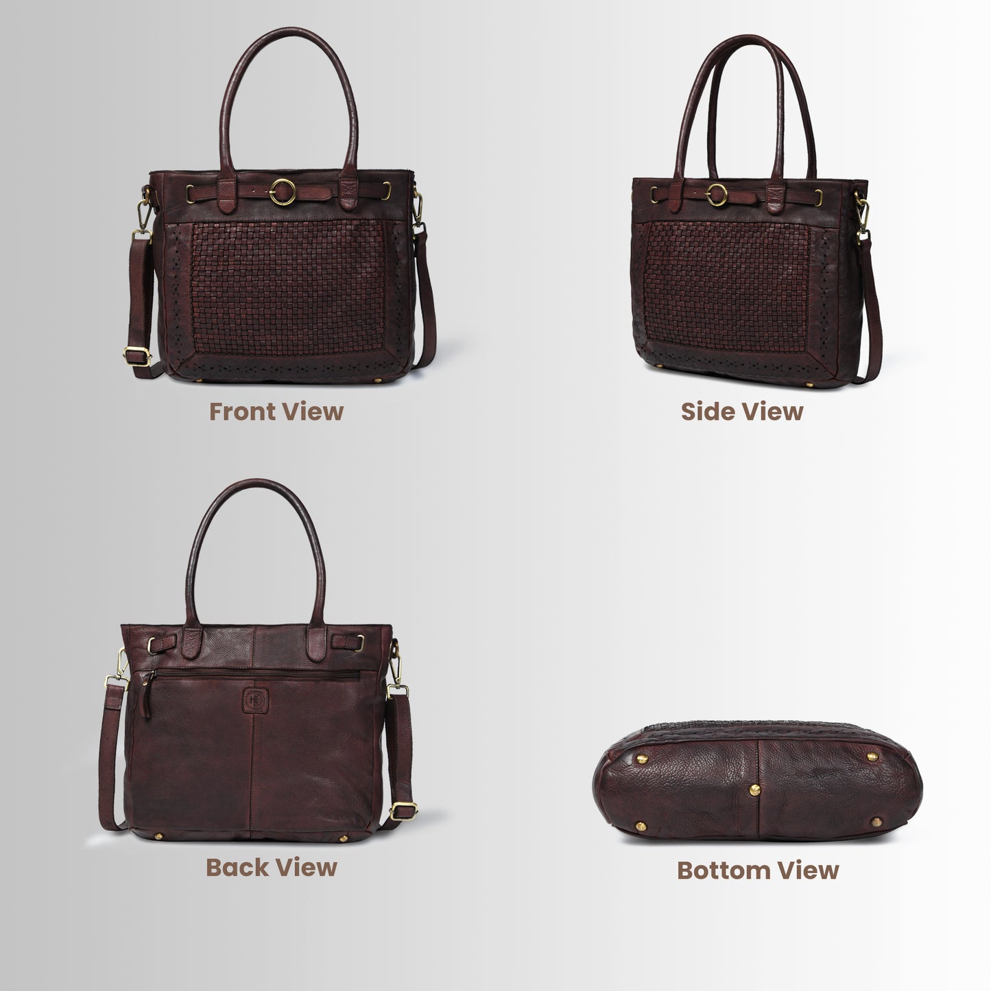Woven Leather Tote Bag - Dark Brown