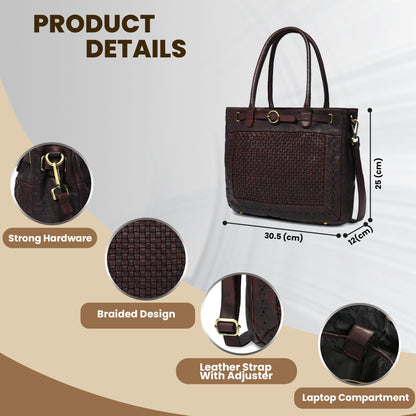 Woven Leather Tote Bag - Dark Brown