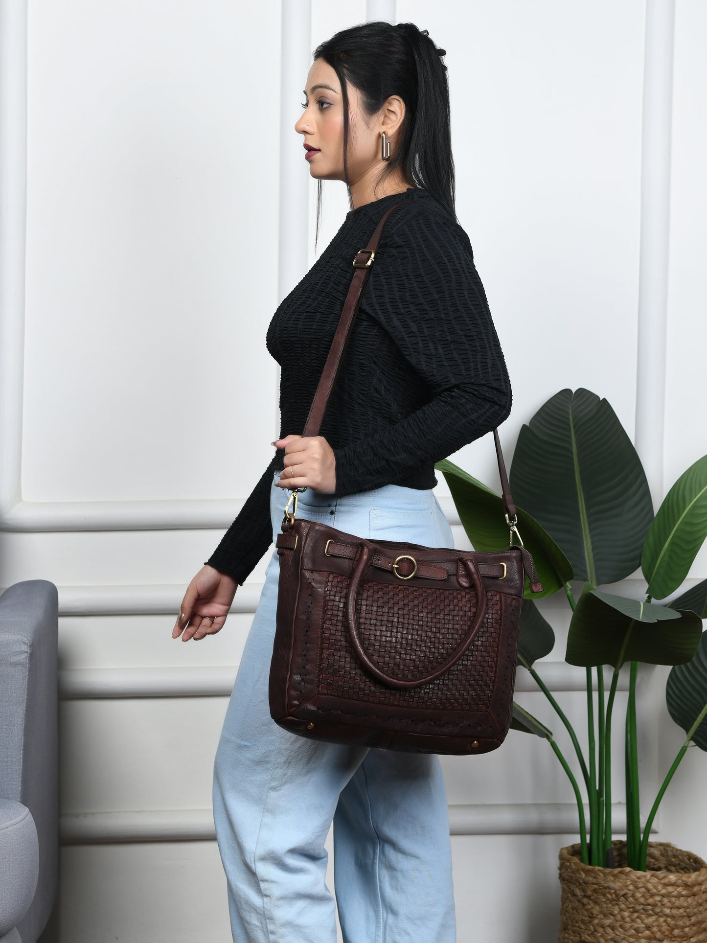Woven Leather Tote Bag - Dark Brown