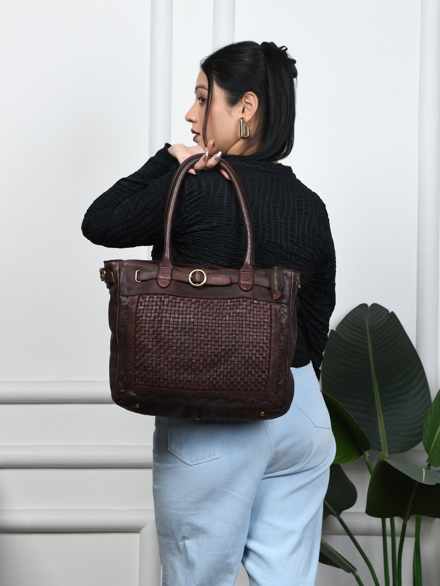 Woven Leather Tote Bag - Dark Brown