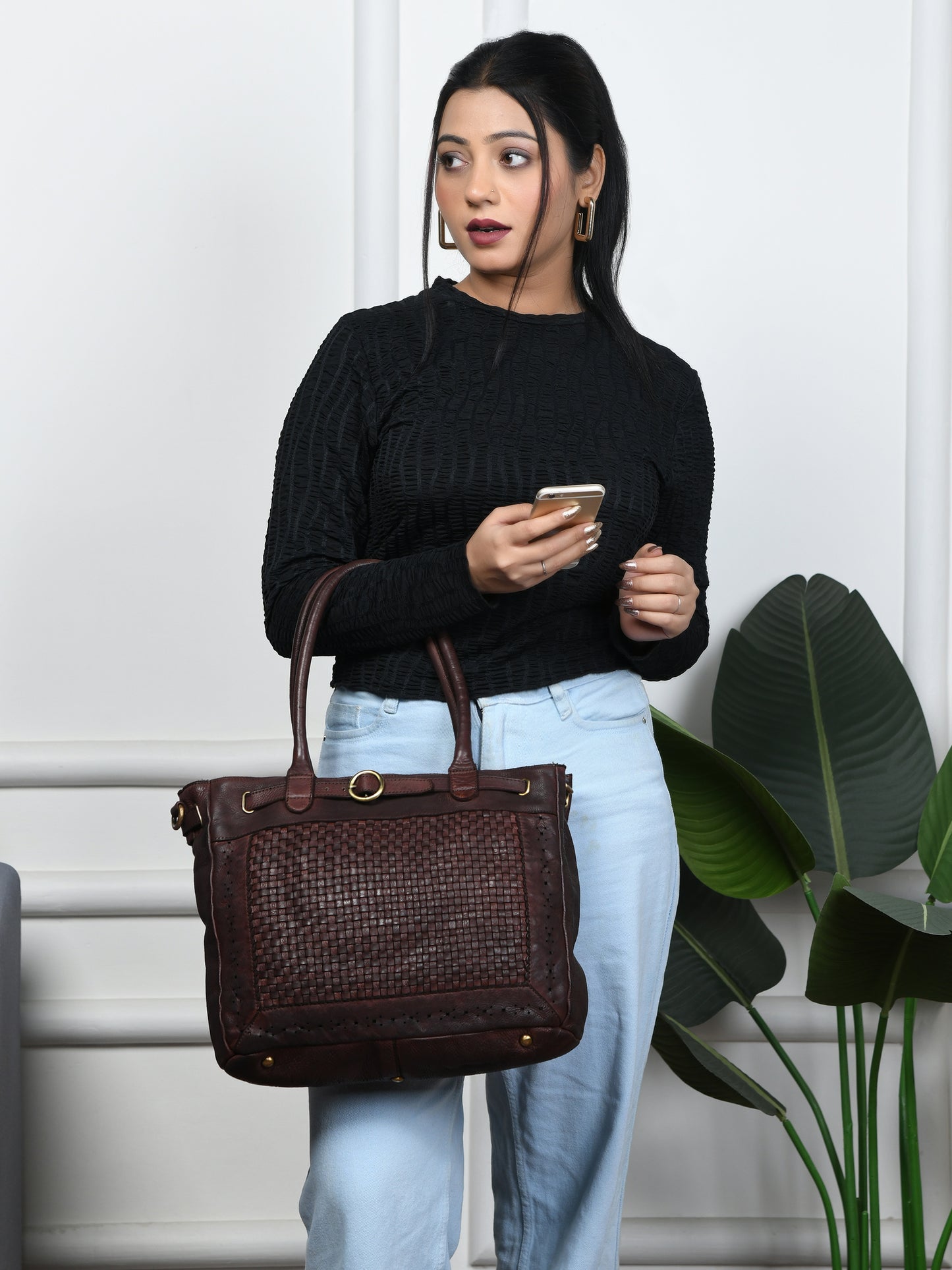 Woven Leather Tote Bag - Dark Brown