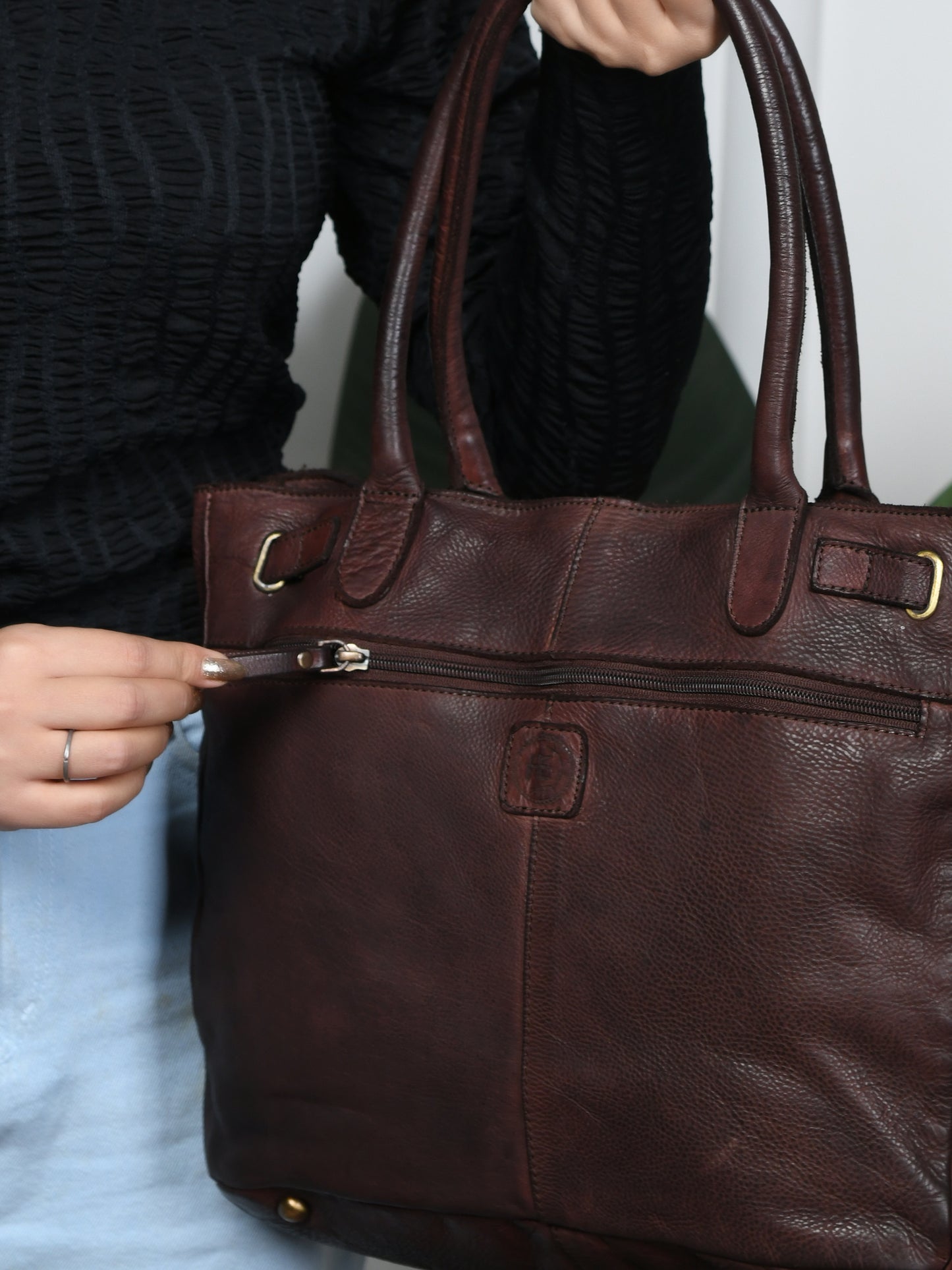 Woven Leather Tote Bag - Dark Brown