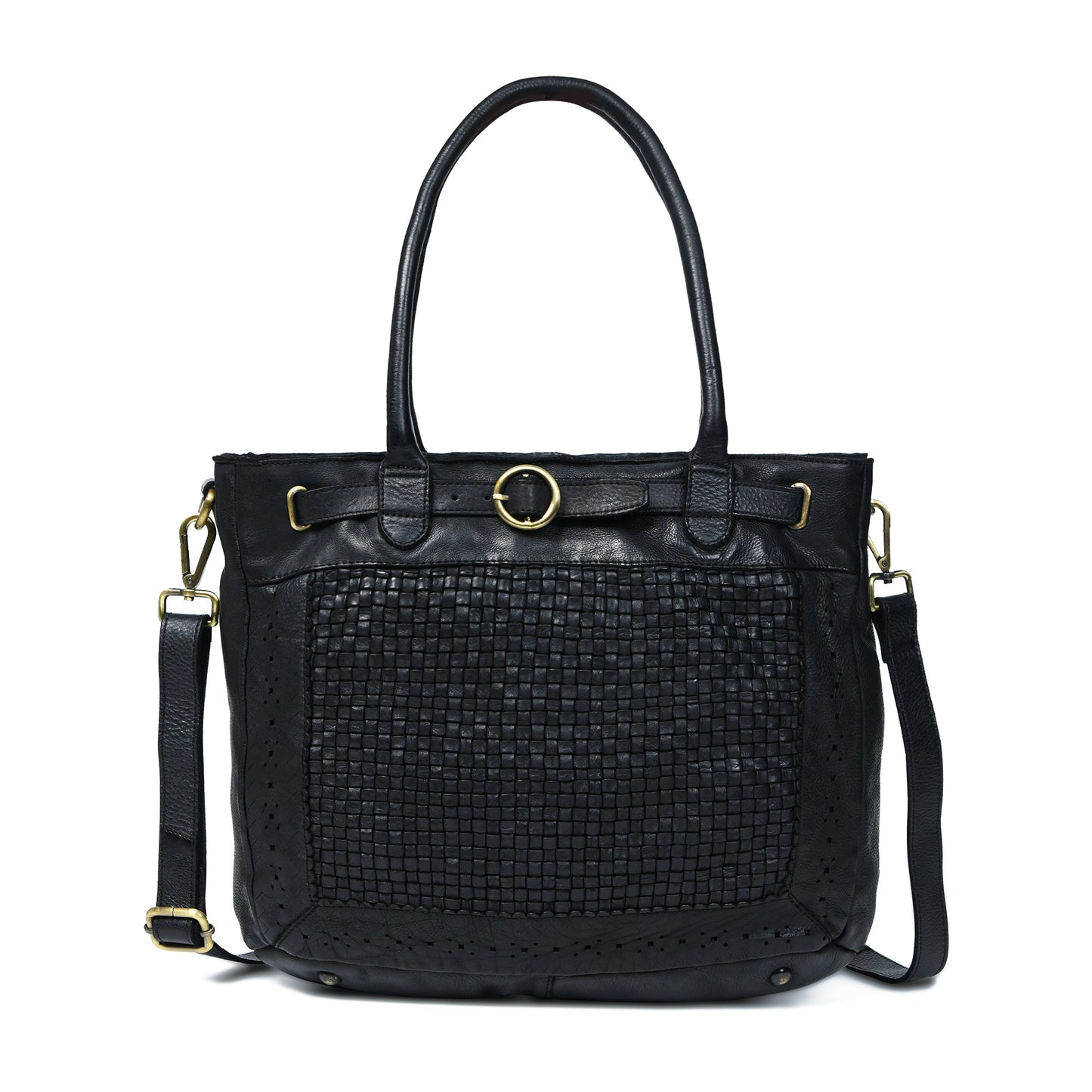 Woven Leather Tote Bag - Black