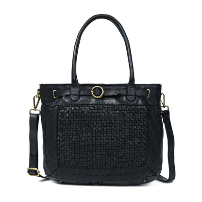 Woven Leather Tote Bag - Black