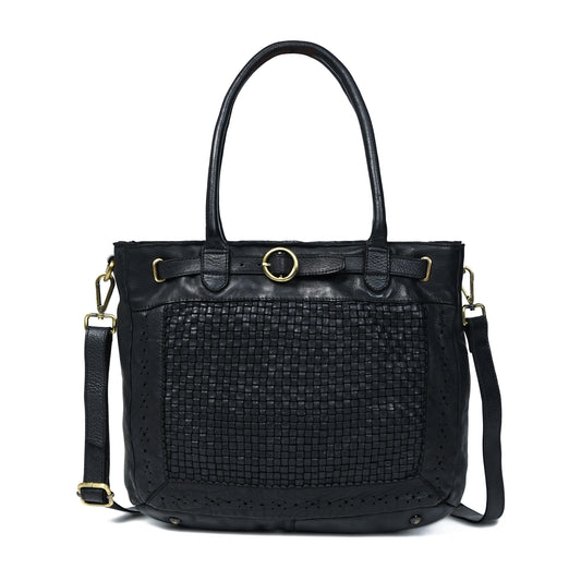 Woven Leather Tote Bag - Black