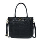 Black Leather Tote Bag - front view with woven panel, handcrafted buffalo leather | Hema Emporium