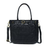 Black Leather Tote Bag - front view with woven panel, handcrafted buffalo leather | Hema Emporium